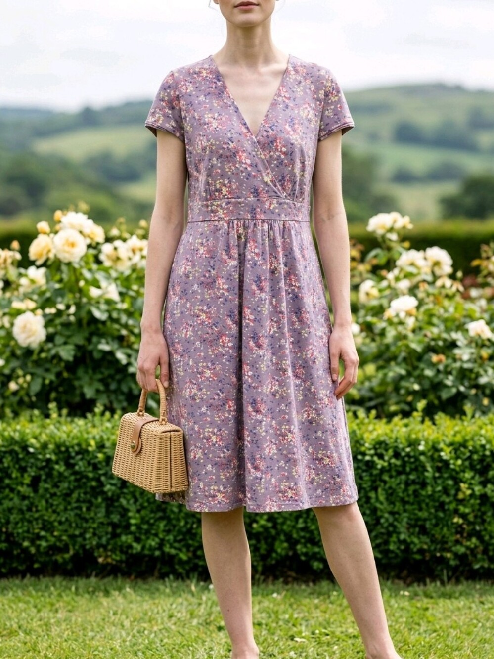 Boden Purple Cotton Blend Floral Faux Wrap Midi Dress
